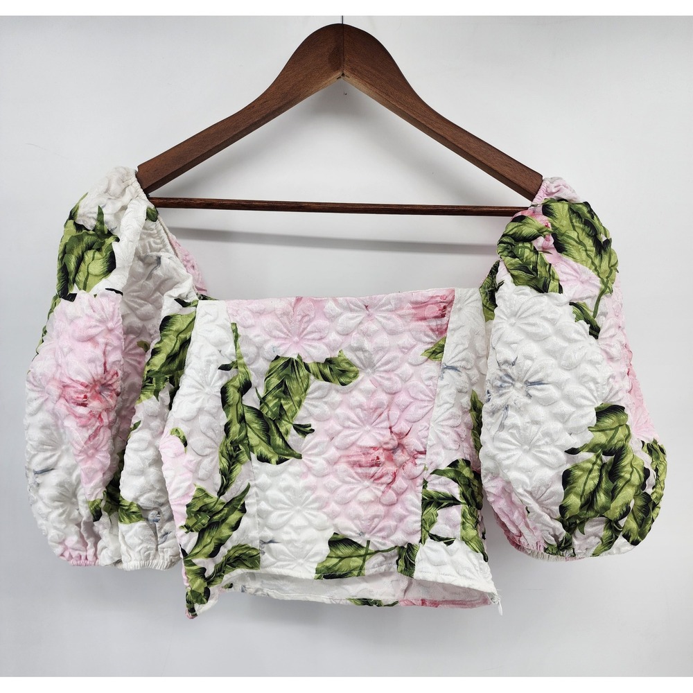Pink Floral Textured Puff Sleeve Crop Top Pearl Button Size S US 4 - Picture 4 of 8